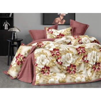 Pościel 160x200 bawełna beżowe i bordowe kwiaty PK783 z prześcieradłem